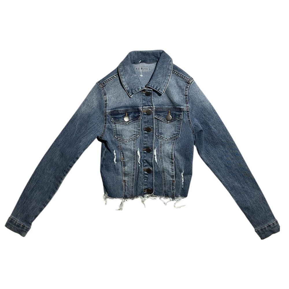 V.I.P. Jeans Girls Distressed Denim Jacket Size S Blue Button Front Frayed Hem